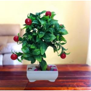 Hitech Artificial Green Cherry Bonsai with Pot for Home, Garden and Office Decor
