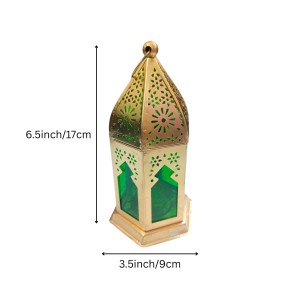 Moroccan Style Gold Lantern with Green Glass – Decorative Metal Candle Holder for Ramadan, Eid, Weddings, Home Decor & Parties – Vintage Hanging Lantern.