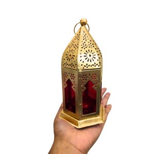 Moroccan Style Gold Lantern with Green Glass – Decorative Metal Candle Holder for Ramadan, Eid, Weddings, Home Decor & Parties – Vintage Hanging Lantern. (Red)