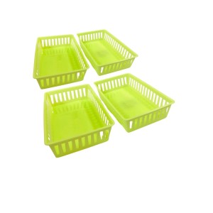 Plastic Rectangular Storage Basket Set of 4 – Multipurpose Organizer Trays for Kitchen, Office & Home Use (Green)