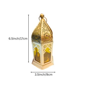 Moroccan Style Gold Lantern with Green Glass – Decorative Metal Candle Holder for Ramadan, Eid, Weddings, Home Decor & Parties – Vintage Hanging Lantern. (Yellow)