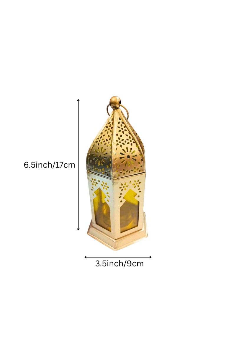 Moroccan Style Gold Lantern with Green Glass – Decorative Metal Candle Holder for Ramadan, Eid, Weddings, Home Decor & Parties – Vintage Hanging Lantern. (Yellow)