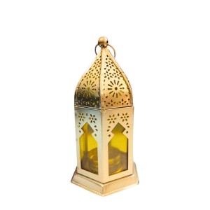 Moroccan Style Gold Lantern with Green Glass – Decorative Metal Candle Holder for Ramadan, Eid, Weddings, Home Decor & Parties – Vintage Hanging Lantern. (Yellow)