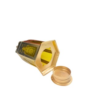 Moroccan Style Gold Lantern with Green Glass – Decorative Metal Candle Holder for Ramadan, Eid, Weddings, Home Decor & Parties – Vintage Hanging Lantern. (Yellow)