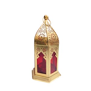 Moroccan Style Gold Lantern with Green Glass – Decorative Metal Candle Holder for Ramadan, Eid, Weddings, Home Decor & Parties – Vintage Hanging Lantern. (Red)