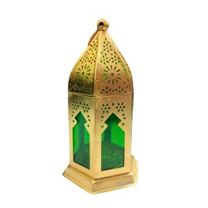 Moroccan Style Gold Lantern with Green Glass – Decorative Metal Candle Holder for Ramadan, Eid, Weddings, Home Decor & Parties – Vintage Hanging Lantern.