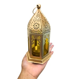 Moroccan Style Gold Lantern with Green Glass – Decorative Metal Candle Holder for Ramadan, Eid, Weddings, Home Decor & Parties – Vintage Hanging Lantern. (Yellow)