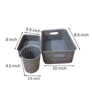 Grey Plastic Storage Basket, Durable Storage Container, Organizer Basket, Home Storage, Plastic Basket for Closet, Bathroom, Kitchen, Office combo (set of 3)