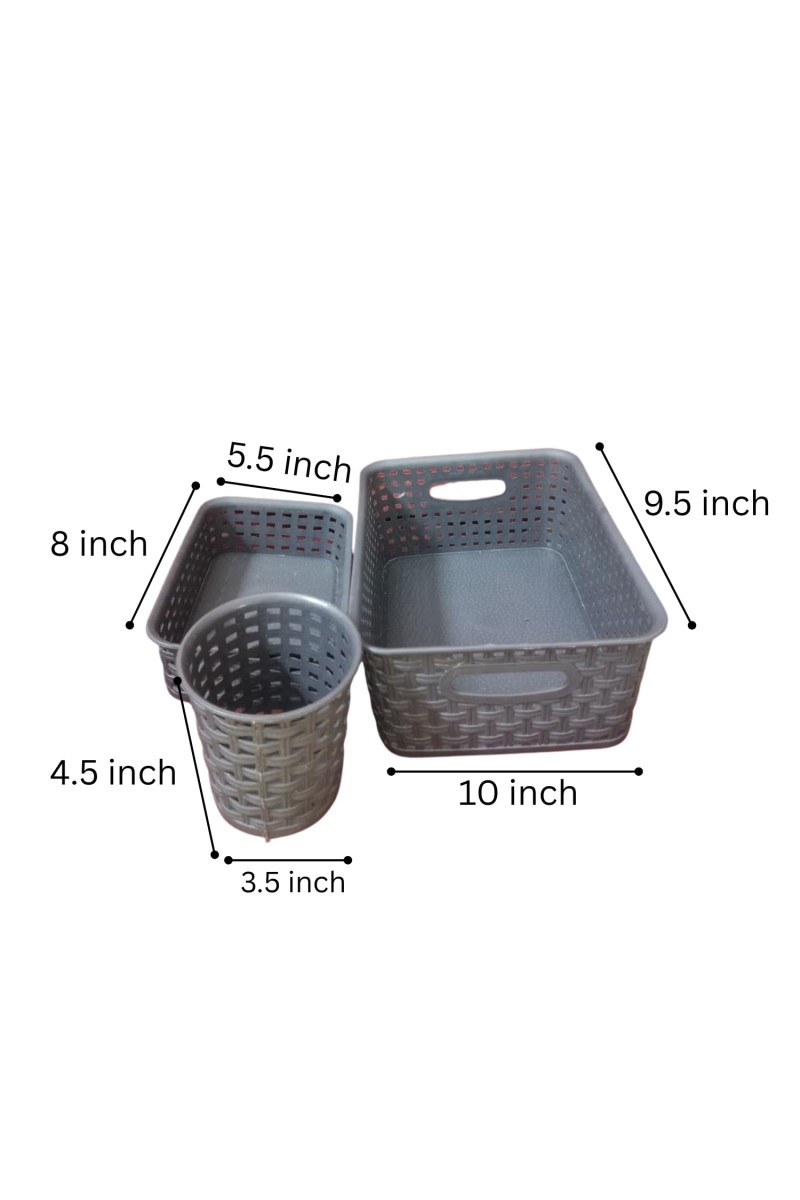 Grey Plastic Storage Basket, Durable Storage Container, Organizer Basket, Home Storage, Plastic Basket for Closet, Bathroom, Kitchen, Office combo (set of 3)