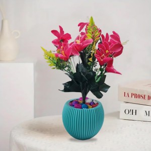 HiTechMart Artificial Flower Arrangement in Textured Blue Vase – Faux Pink Lily Bouquet with Decorative Stones for Home & Office Décor, Elegant Tabletop Floral Display
