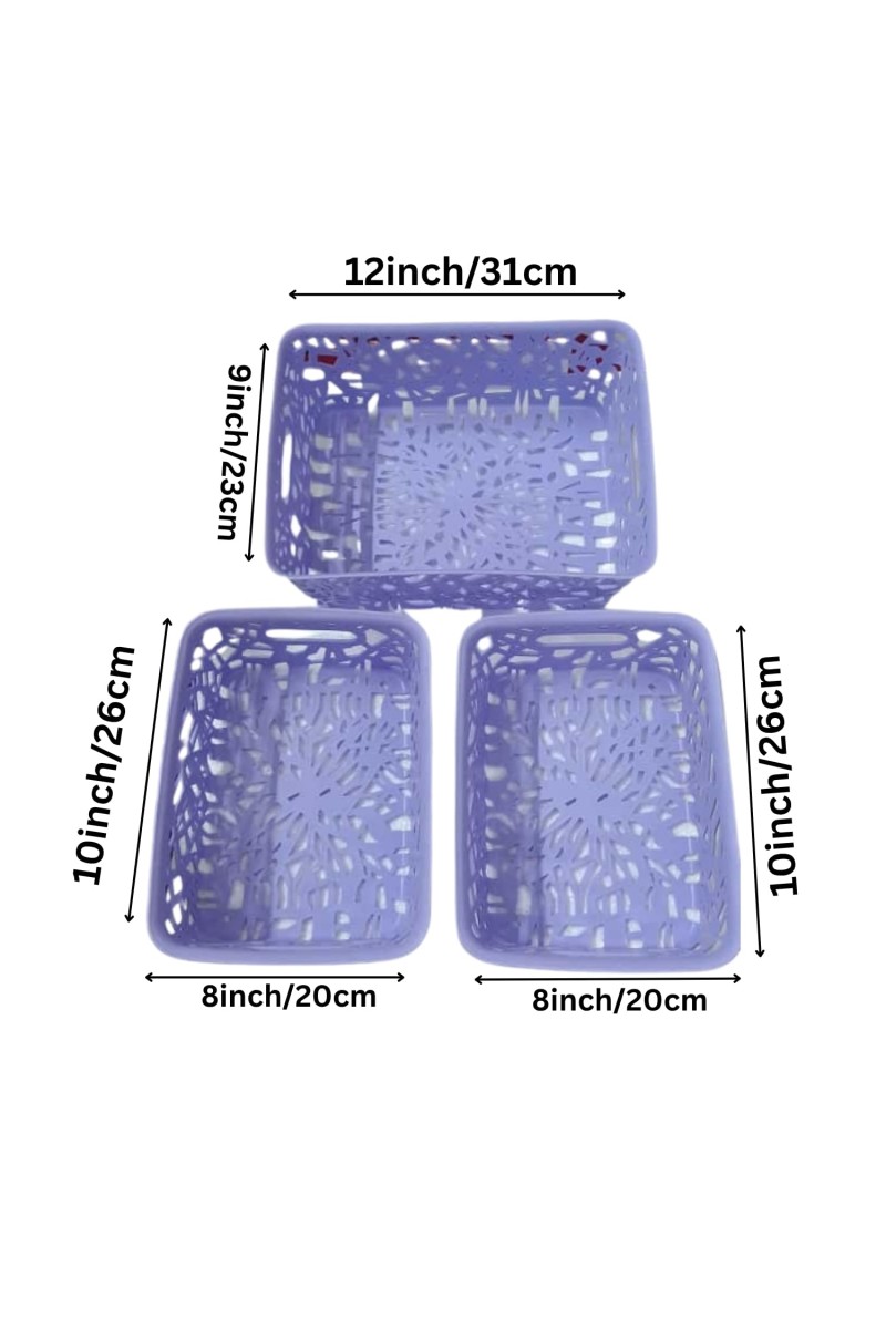 Plastic Storage Baskets Set of 3 – Decorative Organizer Bins with Cutout Design for Home, Office, Bathroom, or Kitchen – Durable & Lightweight – Purple