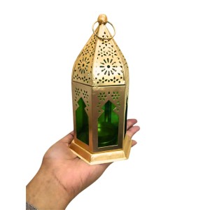 Moroccan Style Gold Lantern with Green Glass – Decorative Metal Candle Holder for Ramadan, Eid, Weddings, Home Decor & Parties – Vintage Hanging Lantern.