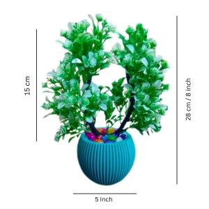 HI TECH Sales Artificial Potted Plant with Green Foliage & Decorative Stones – Faux Bonsai Tree in a Stylish Ribbed Ceramic Vase for Home & Office Décor