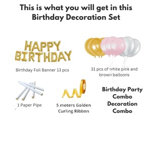 HitechSales Birthday Party Decoration Combo - Happy Birthday Foil Banner (13 Pcs), Latex Balloons (30 Pcs), Ribbon & Small Straw Pipe - Perfect Balloons for Birthday Decoration
