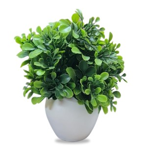 HiTechMart Artificial Green Boxwood Plant in White Ceramic Vase – Realistic Faux Desk & Tabletop Plant for Home, Office & Indoor Décor