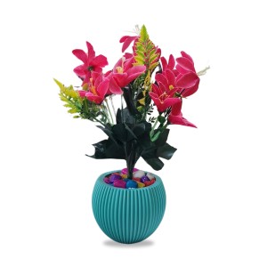 HiTechMart Artificial Flower Arrangement in Textured Blue Vase – Faux Pink Lily Bouquet with Decorative Stones for Home & Office Décor, Elegant Tabletop Floral Display