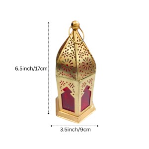 Moroccan Style Gold Lantern with Green Glass – Decorative Metal Candle Holder for Ramadan, Eid, Weddings, Home Decor & Parties – Vintage Hanging Lantern. (Red)