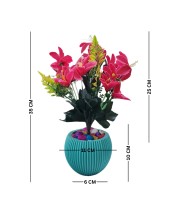 HiTechMart Artificial Flower Arrangement in Textured Blue Vase – Faux Pink Lily Bouquet with Decorative Stones for Home & Office Décor, Elegant Tabletop Floral Display