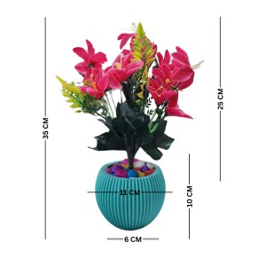 HiTechMart Artificial Flower Arrangement in Textured Blue Vase – Faux Pink Lily Bouquet with Decorative Stones for Home & Office Décor, Elegant Tabletop Floral Display