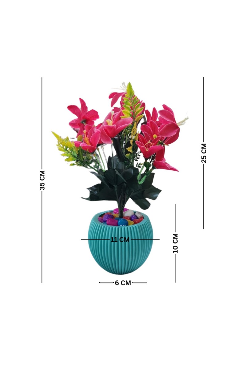 HiTechMart Artificial Flower Arrangement in Textured Blue Vase – Faux Pink Lily Bouquet with Decorative Stones for Home & Office Décor, Elegant Tabletop Floral Display