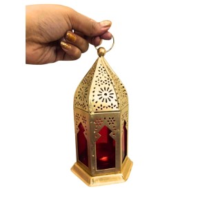 Moroccan Style Gold Lantern with Green Glass – Decorative Metal Candle Holder for Ramadan, Eid, Weddings, Home Decor & Parties – Vintage Hanging Lantern. (Red)