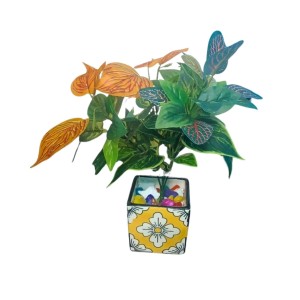 Artificial Leaf Plant (with Pot) – Realistic Faux Roses with Green Leaves, Decorative Fake Flower Stem for Home Décor, Wedding, Valentine’s Day, Anniversary & Table Centerpiece (Multicolor)