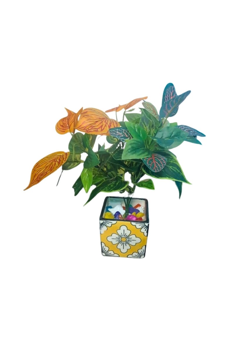 Artificial Leaf Plant (with Pot) – Realistic Faux Roses with Green Leaves, Decorative Fake Flower Stem for Home Décor, Wedding, Valentine’s Day, Anniversary & Table Centerpiece (Multicolor)