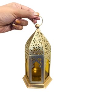 Moroccan Style Gold Lantern with Green Glass – Decorative Metal Candle Holder for Ramadan, Eid, Weddings, Home Decor & Parties – Vintage Hanging Lantern. (Yellow)