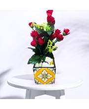 Artificial Red Rose Bouquet (with Pot) – Realistic Faux Roses with Green Leaves, Decorative Fake Flower Stem for Home Décor, Wedding, Valentine’s Day, Anniversary & Table Centerpiece (Mutlicolor)