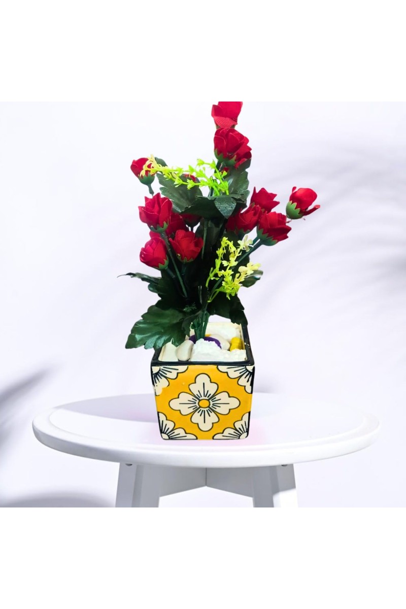 Artificial Red Rose Bouquet (with Pot) – Realistic Faux Roses with Green Leaves, Decorative Fake Flower Stem for Home Décor, Wedding, Valentine’s Day, Anniversary & Table Centerpiece (Mutlicolor)