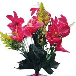 HiTechMart Artificial Flower Arrangement in Textured Blue Vase – Faux Pink Lily Bouquet with Decorative Stones for Home & Office Décor, Elegant Tabletop Floral Display