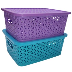 Hi Tech Sales Small Unbreakable Multipurpose Plastic Baskets with Lid for Fruit, Bathroom, Stationary, Home, Kitchen, Office (Rectangular, Color: Sky, Yellow) set of 2 (Violet)