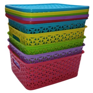 Hi Tech Sales Unbreakable Multipurpose Plastic Baskets with Lid | For Fruit, Bathroom, Stationary, Home, Kitchen, Office | Rectangular, Small, Color: Sky, Yellow, Green, Red, violet (20 X 15.5 X 9 cm)