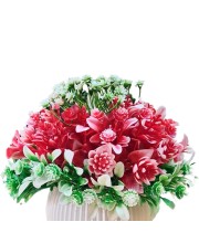 HiTechMart Artificial Flower Arrangement in Plastic Vase – Lifelike Red & Green Faux Bouquet for Home Décor, Office, Living Room, Table Centerpiece, and Gift – Elegant & Maintenance-Free