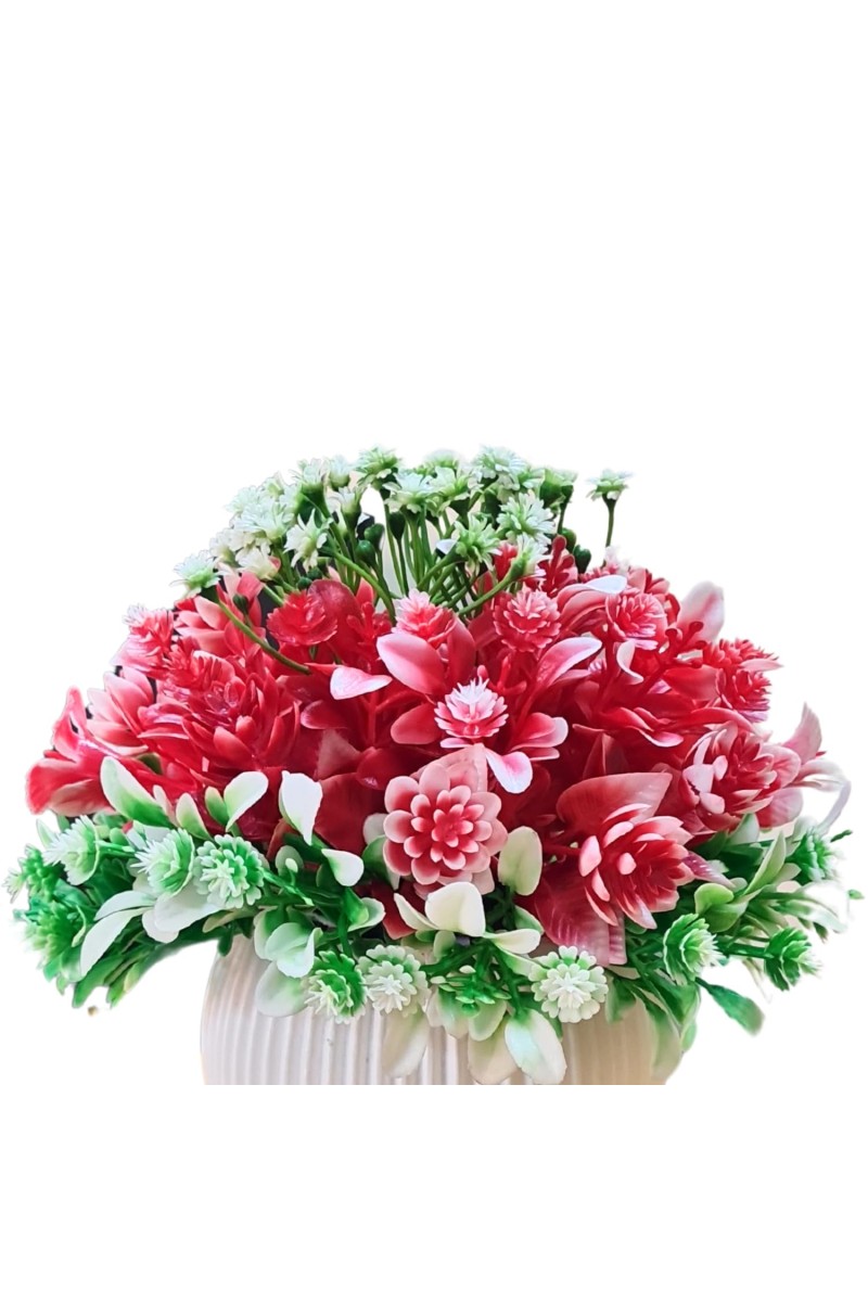 HiTechMart Artificial Flower Arrangement in Plastic Vase – Lifelike Red & Green Faux Bouquet for Home Décor, Office, Living Room, Table Centerpiece, and Gift – Elegant & Maintenance-Free