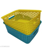 Hi Tech Sales Small Unbreakable Multipurpose Plastic Baskets with Lid for Fruit, Bathroom, Stationary, Home, Kitchen, Office (Rectangular, Color: Sky, Yellow) set of 2 (Yellow)