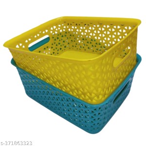 Hi Tech Sales Small Unbreakable Multipurpose Plastic Baskets with Lid for Fruit, Bathroom, Stationary, Home, Kitchen, Office (Rectangular, Color: Sky, Yellow) set of 2 (Yellow)