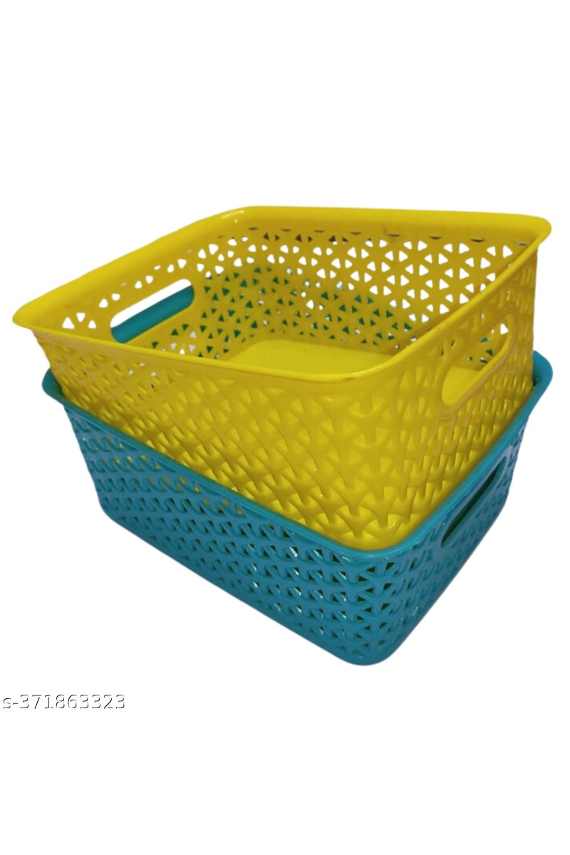 Hi Tech Sales Small Unbreakable Multipurpose Plastic Baskets with Lid for Fruit, Bathroom, Stationary, Home, Kitchen, Office (Rectangular, Color: Sky, Yellow) set of 2 (Yellow)