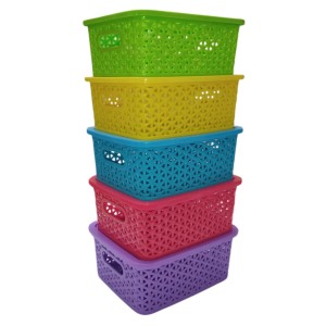 Hi Tech Sales Unbreakable Multipurpose Plastic Baskets with Lid | For Fruit, Bathroom, Stationary, Home, Kitchen, Office | Rectangular, Small, Color: Sky, Yellow, Green, Red, violet (20 X 15.5 X 9 cm)