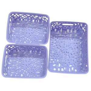 Plastic Storage Baskets Set of 3 – Decorative Organizer Bins with Cutout Design for Home, Office, Bathroom, or Kitchen – Durable & Lightweight – Purple