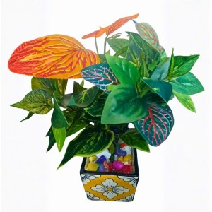 Artificial Leaf Plant (with Pot) – Realistic Faux Roses with Green Leaves, Decorative Fake Flower Stem for Home Décor, Wedding, Valentine’s Day, Anniversary & Table Centerpiece (Multicolor)