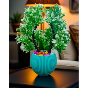 HI TECH Sales Artificial Potted Plant with Green Foliage & Decorative Stones – Faux Bonsai Tree in a Stylish Ribbed Ceramic Vase for Home & Office Décor