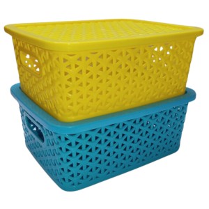 Hi Tech Sales Small Unbreakable Multipurpose Plastic Baskets with Lid for Fruit, Bathroom, Stationary, Home, Kitchen, Office (Rectangular, Color: Sky, Yellow) set of 2 (Yellow)
