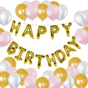 HitechSales Birthday Party Decoration Combo - Happy Birthday Foil Banner (13 Pcs), Latex Balloons (30 Pcs), Ribbon & Small Straw Pipe - Perfect Balloons for Birthday Decoration