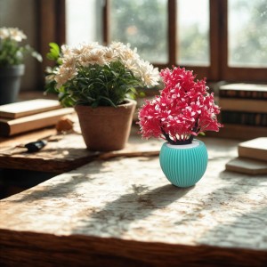 Artificial Pink Chrysanthemum Flower Bunch with Textured Teal Pot | 12 x 4.5 Inches Decorative Faux for Home & Office