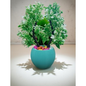 HI TECH Sales Artificial Potted Plant with Green Foliage & Decorative Stones – Faux Bonsai Tree in a Stylish Ribbed Ceramic Vase for Home & Office Décor
