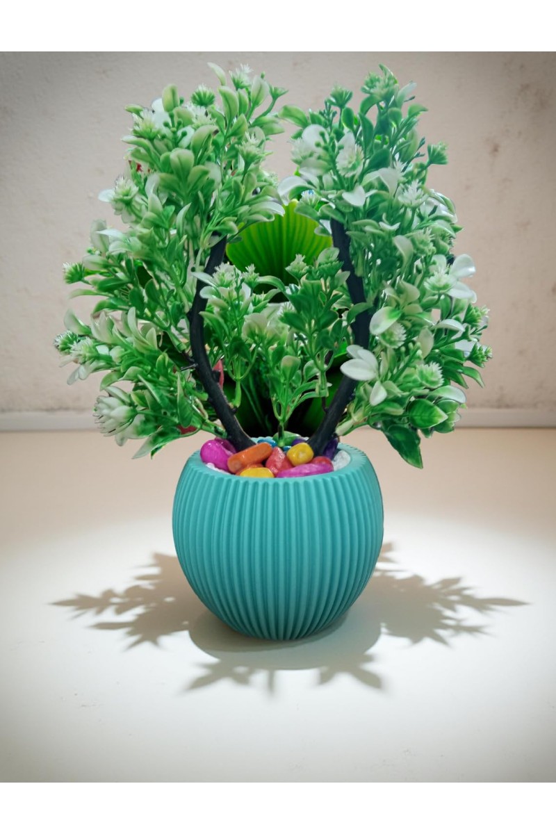 HI TECH Sales Artificial Potted Plant with Green Foliage & Decorative Stones – Faux Bonsai Tree in a Stylish Ribbed Ceramic Vase for Home & Office Décor