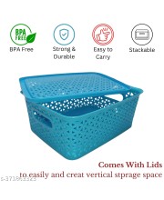 Hi Tech Sales Small Unbreakable Multipurpose Plastic Baskets with Lid for Fruit, Bathroom, Stationary, Home, Kitchen, Office (Rectangular, Color: Sky, Yellow) set of 2 (Green)
