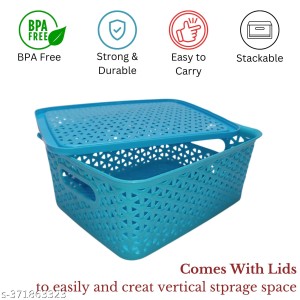 Hi Tech Sales Small Unbreakable Multipurpose Plastic Baskets with Lid for Fruit, Bathroom, Stationary, Home, Kitchen, Office (Rectangular, Color: Sky, Yellow) set of 2 (Red)