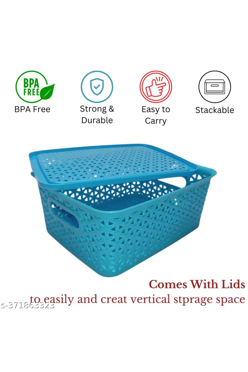 Hi Tech Sales Small Unbreakable Multipurpose Plastic Baskets with Lid for Fruit, Bathroom, Stationary, Home, Kitchen, Office (Rectangular, Color: Sky, Yellow) set of 2 (Green)